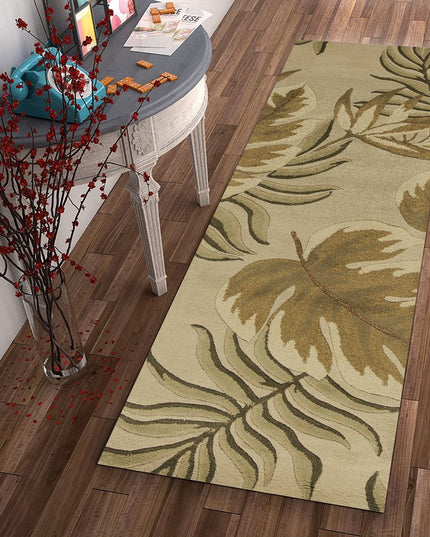 8' X 11' Sand And Beige Wool Botanical Leaves Hand Tufted Area Rug