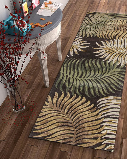 7' Espresso Beige And Green Wool Botanical Leaves Hand Tufted Round Rug