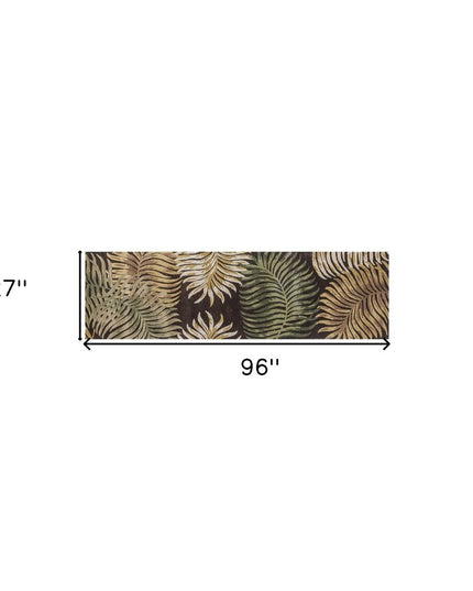 7' Espresso Beige And Green Wool Botanical Leaves Hand Tufted Round Rug