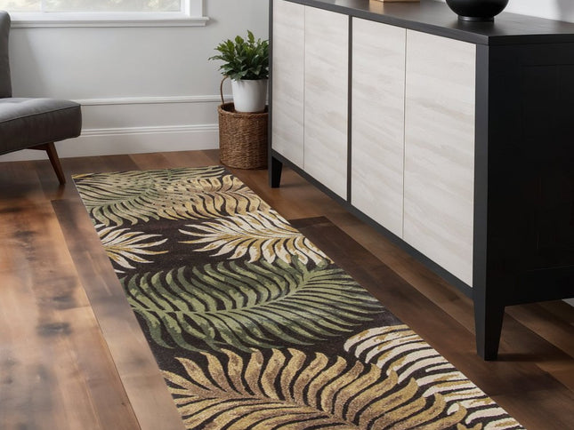 7' Espresso Beige And Green Wool Botanical Leaves Hand Tufted Round Rug