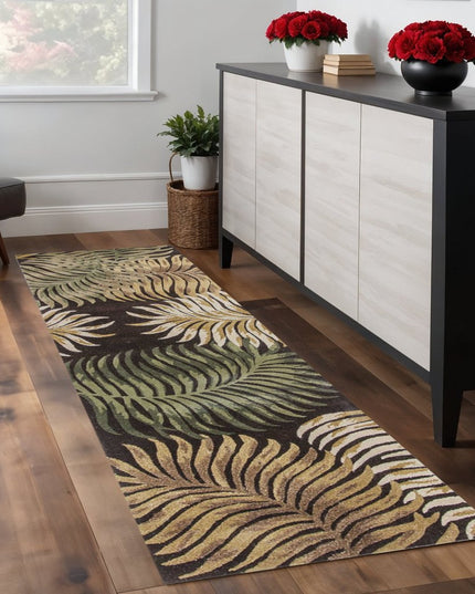 7' Espresso Beige And Green Wool Botanical Leaves Hand Tufted Round Rug