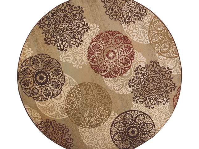 8' Sage Brown And Ivory Floral Medallion Round Rug