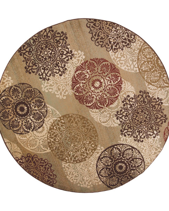 8' Sage Brown And Ivory Floral Medallion Round Rug
