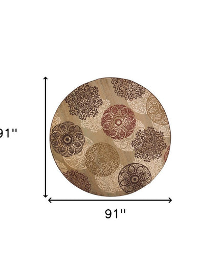 8' Sage Brown And Ivory Floral Medallion Round Rug