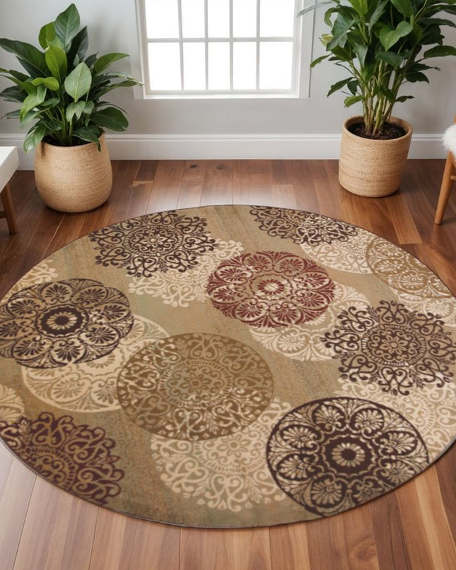 8' Sage Brown And Ivory Floral Medallion Round Rug