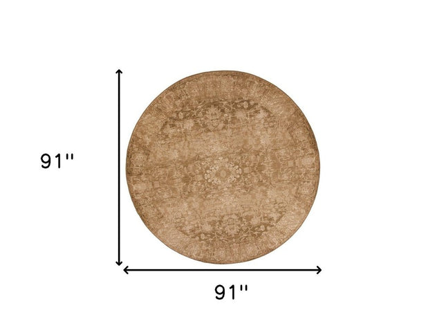 8' Beige And Tan Floral Medallion Distressed Round Rug