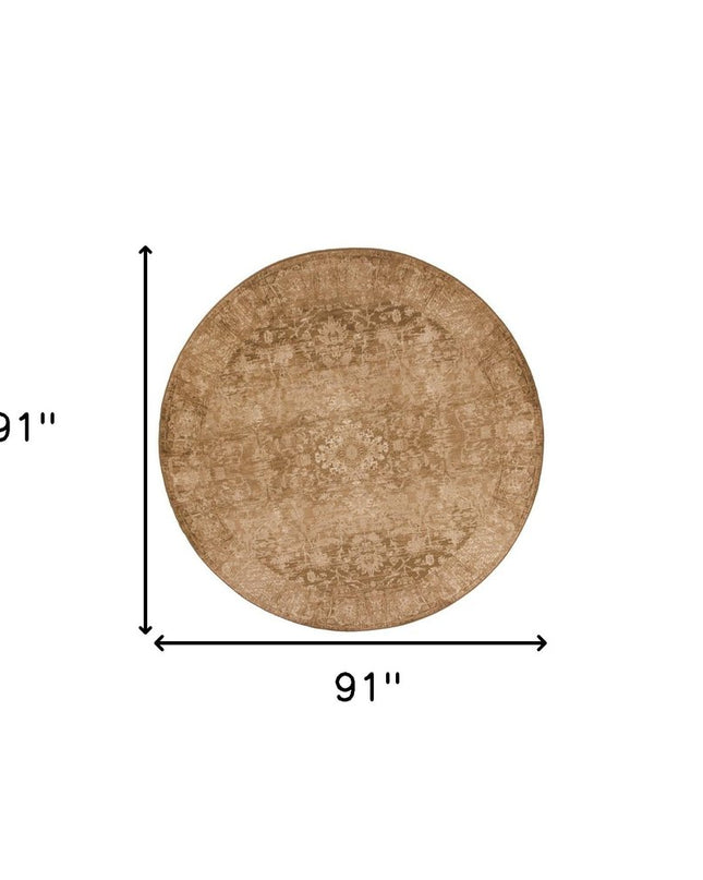 8' Beige And Tan Floral Medallion Distressed Round Rug