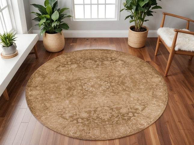 8' Beige And Tan Floral Medallion Distressed Round Rug