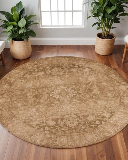 8' Beige And Tan Floral Medallion Distressed Round Rug