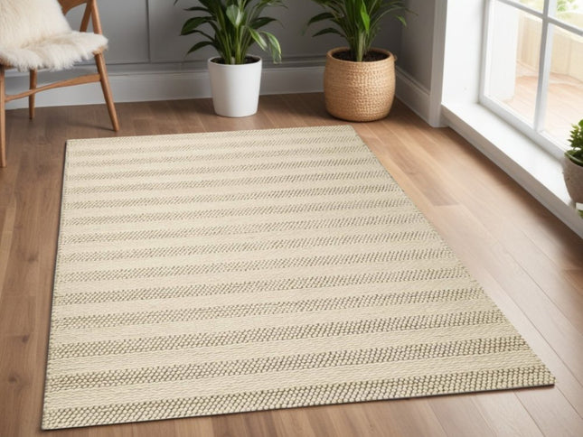 9' X 13' Ivory And White Wool Striped Hand Woven Area Rug