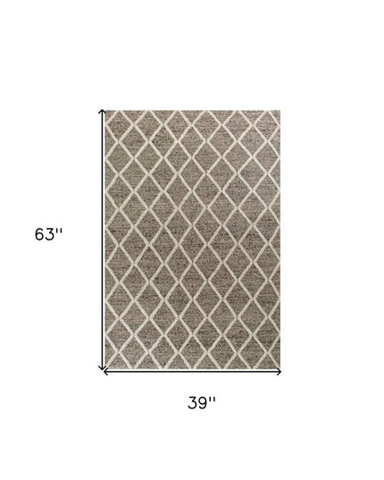 8' X 10' Dark Gray And Ivory New Zealand Lambs Wool Diamond Hand Woven Area Rug