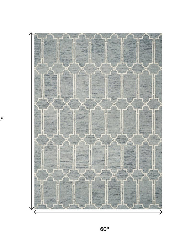 5' X 7' Slate Blue And Ivory Wool Geometric Hand Tufted Area Rug