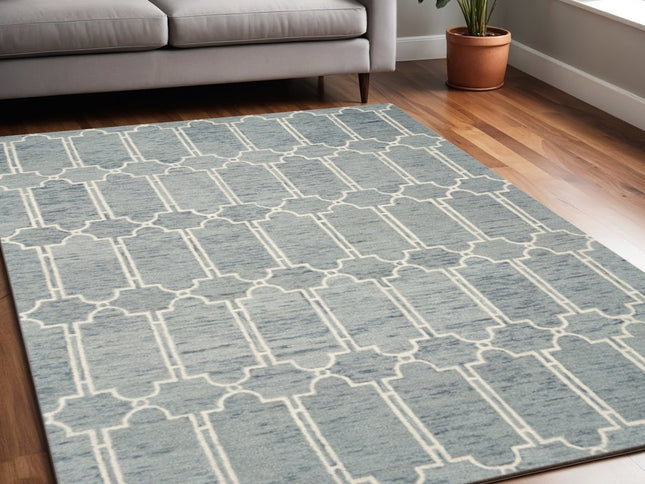 5' X 7' Slate Blue And Ivory Wool Geometric Hand Tufted Area Rug