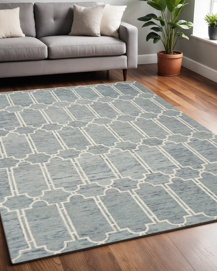 5' X 7' Slate Blue And Ivory Wool Geometric Hand Tufted Area Rug