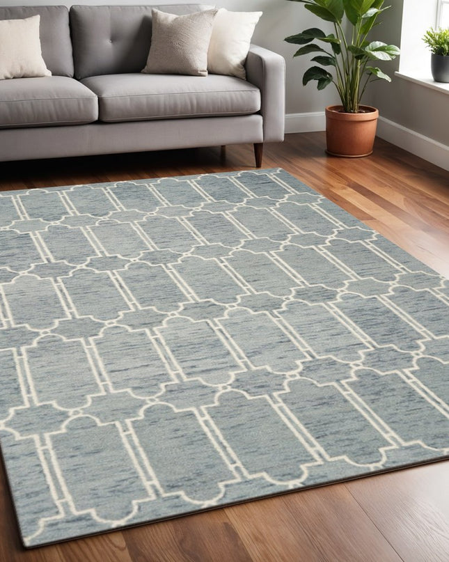 5' X 7' Slate Blue And Ivory Wool Geometric Hand Tufted Area Rug