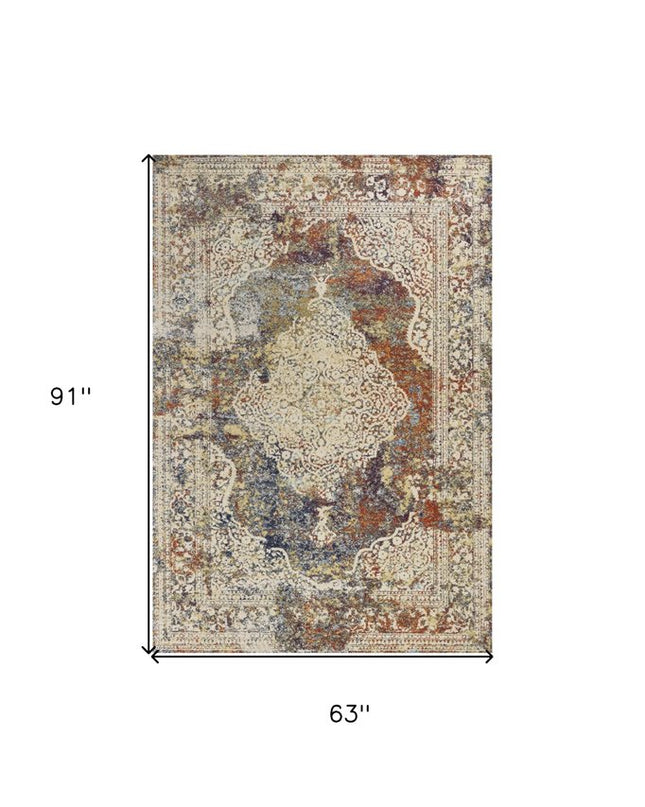 5' X 8' Ivory Blue And Orange Medallion Area Rug