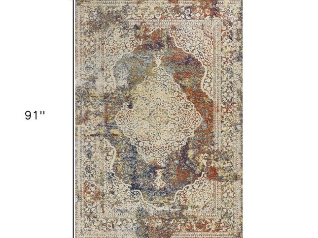 5' X 8' Ivory Blue And Orange Medallion Area Rug