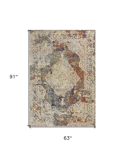 5' X 8' Ivory Blue And Orange Medallion Area Rug