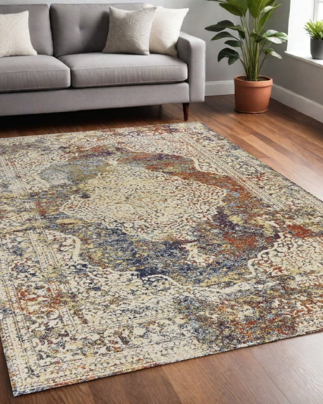 5' X 8' Ivory Blue And Orange Medallion Area Rug