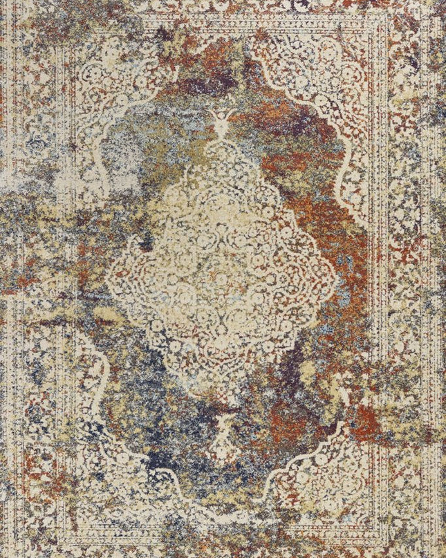 5' X 8' Ivory Blue And Orange Medallion Area Rug