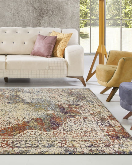 5' X 8' Ivory Blue And Orange Medallion Area Rug