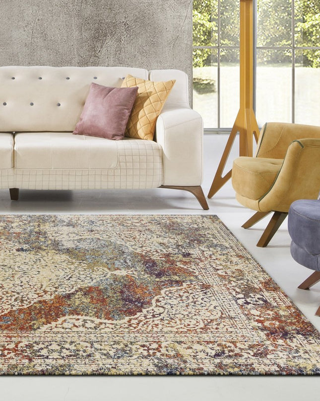 5' X 8' Ivory Blue And Orange Medallion Area Rug