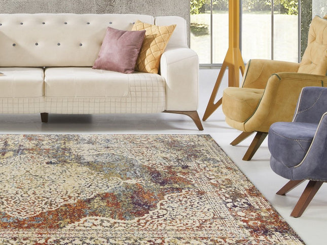 5' X 8' Ivory Blue And Orange Medallion Area Rug