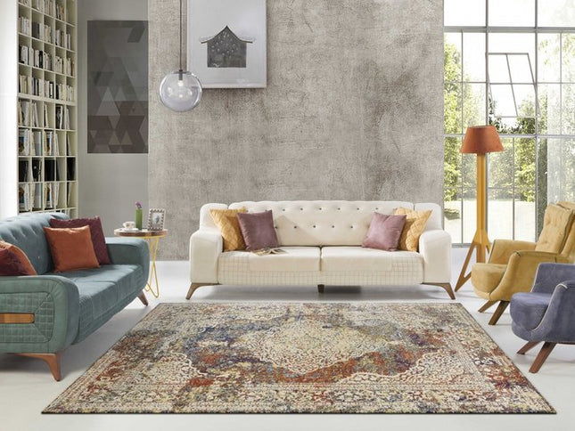 5' X 8' Ivory Blue And Orange Medallion Area Rug