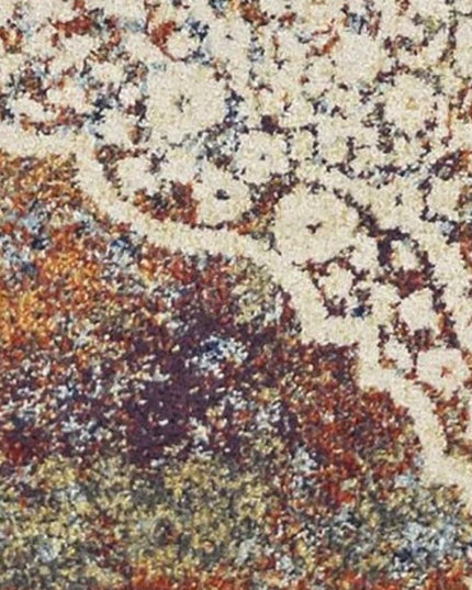 5' X 8' Ivory Blue And Orange Medallion Area Rug