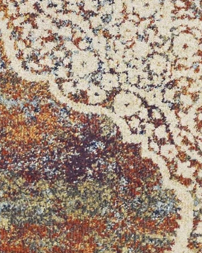 5' X 8' Ivory Blue And Orange Medallion Area Rug