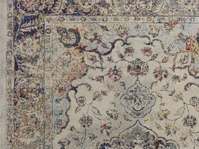 5' X 8' Ivory Blue And Orange Medallion Area Rug