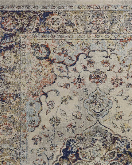 5' X 8' Ivory Blue And Orange Medallion Area Rug