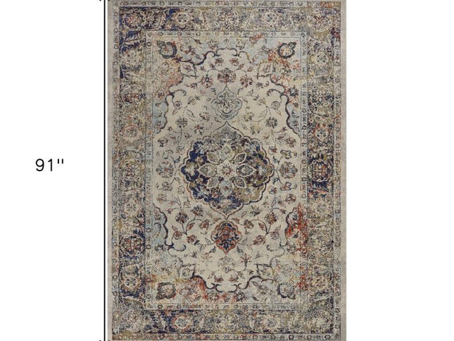 5' X 8' Ivory Blue And Orange Medallion Area Rug