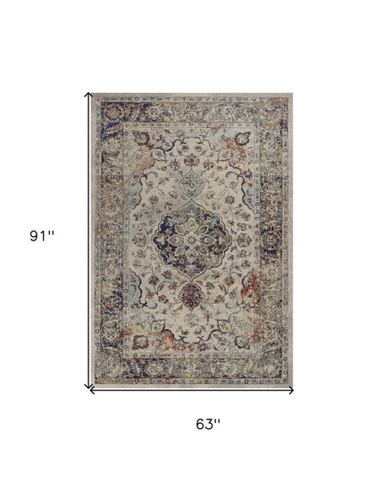 5' X 8' Ivory Blue And Orange Medallion Area Rug