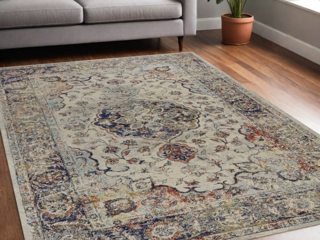 5' X 8' Ivory Blue And Orange Medallion Area Rug