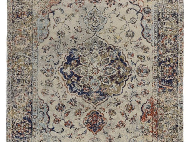 5' X 8' Ivory Blue And Orange Medallion Area Rug