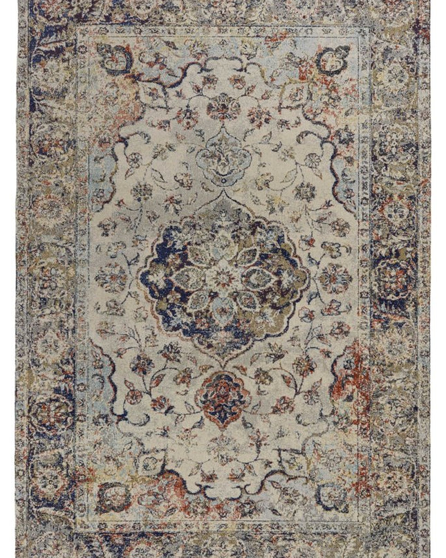 5' X 8' Ivory Blue And Orange Medallion Area Rug