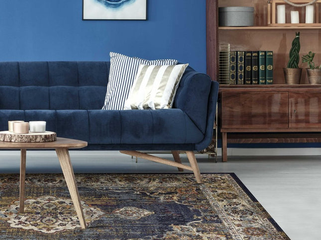 5' X 8' Navy Blue Gold And Ivory Medallion Area Rug