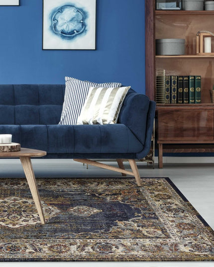 5' X 8' Navy Blue Gold And Ivory Medallion Area Rug