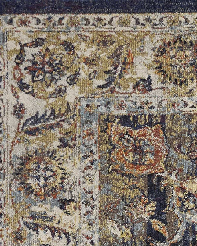 5' X 8' Navy Blue Gold And Ivory Medallion Area Rug