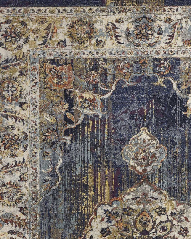 5' X 8' Navy Blue Gold And Ivory Medallion Area Rug