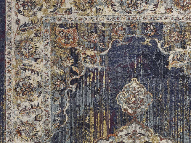 5' X 8' Navy Blue Gold And Ivory Medallion Area Rug