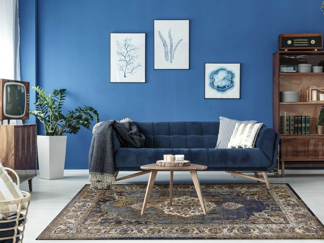 5' X 8' Navy Blue Gold And Ivory Medallion Area Rug