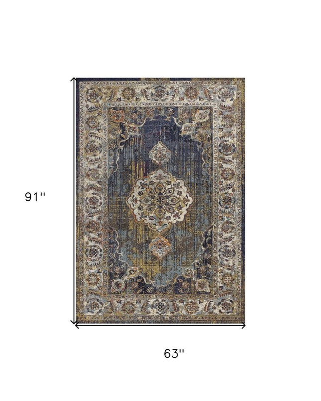 5' X 8' Navy Blue Gold And Ivory Medallion Area Rug