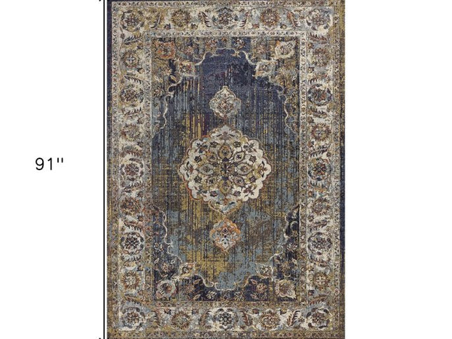 5' X 8' Navy Blue Gold And Ivory Medallion Area Rug