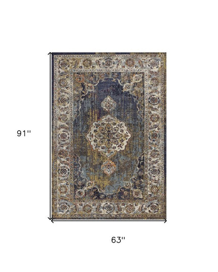 5' X 8' Navy Blue Gold And Ivory Medallion Area Rug