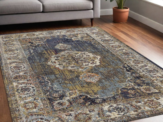 5' X 8' Navy Blue Gold And Ivory Medallion Area Rug