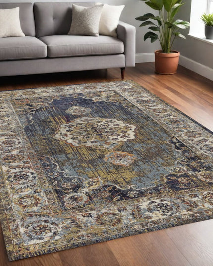 5' X 8' Navy Blue Gold And Ivory Medallion Area Rug