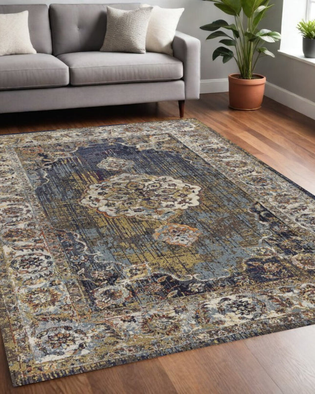 5' X 8' Navy Blue Gold And Ivory Medallion Area Rug