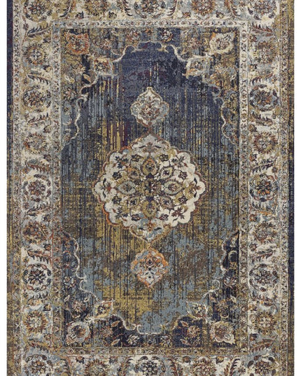 5' X 8' Navy Blue Gold And Ivory Medallion Area Rug